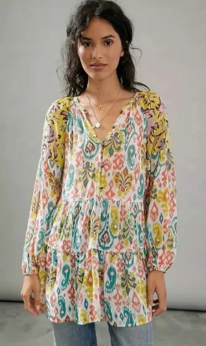 Anthropologie Maureen Boho Floral Tunic Top Womens Medium Peasant Blouse thumbnail 1