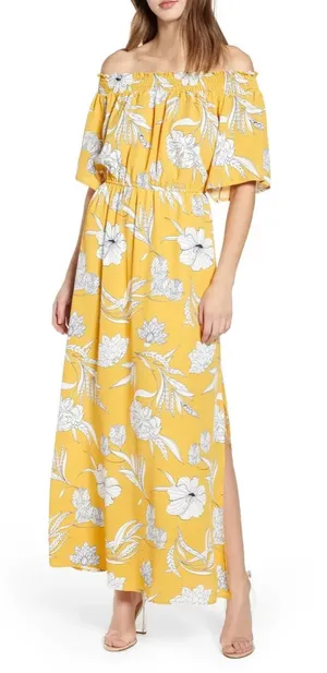 Code Mode NWT XS Mustard Yellow Floral Maxi Dress Off Shoulder Smocked Boho Slit thumbnail 1
