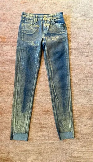 Zara Metallic Gold Coated Skinny Jeans Women Size 0 / EU 32 Blue Gold Stretch NW thumbnail 1