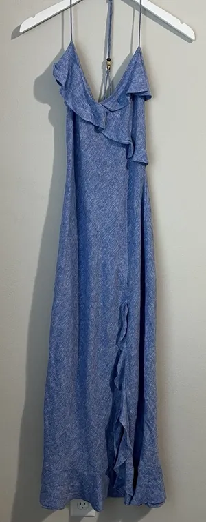 Zara Blue Linen Blend Ruffle Maxi Slip Dress Women's Small Sleeveless Leg Slit thumbnail 1