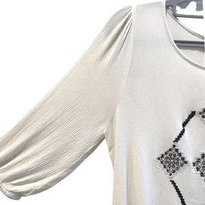 Umgee USA Cream Boho Embroidered Tassel Tunic Dress Medium Ivory Navy‎ Blue thumbnail 4
