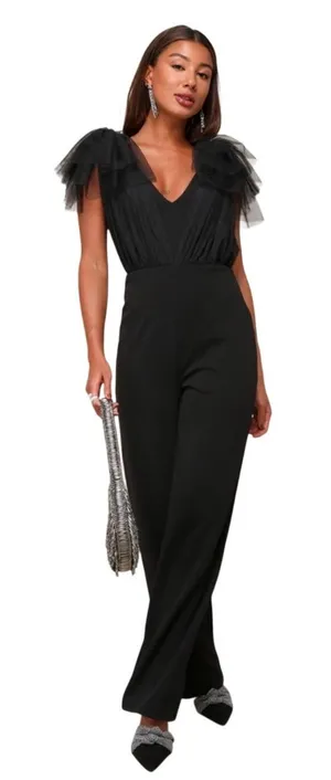 NWT Lulus Black V-Neck Tulle Overlay Ruffle Sleeve Wide Leg Jumpsuit Formal thumbnail 1