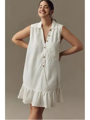 Anthropologie Pilcro Sleeveless V-Neck Linen Flounce Mini Dress XL Coastal Boho thumbnail 2