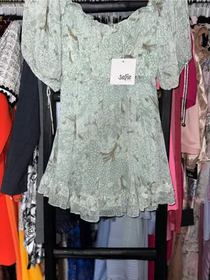 Selfie Leslie Kirra Sage Botanic Print Puff Sleeve Ruched Mini Dress XS New NWT thumbnail 9