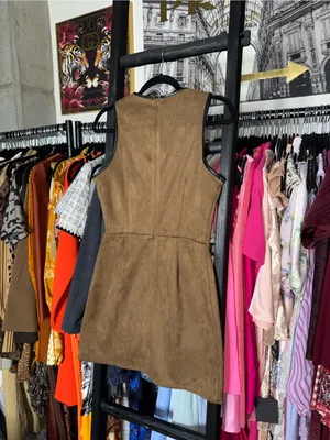 Flat White Faux Suede Bow Trim Sleeveless Mini Dress Brown Womens Small EUC thumbnail 14