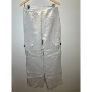 Massimo Dutti Cargo Pants Womens 6 Tan Linen Blend Wide Leg Trousers Utility thumbnail 2