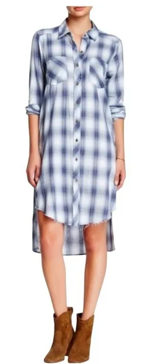 Democracy Plaid Flannel Dress Womens S Blue Distressed Hem Coastal Cowgirl Boho thumbnail 1
