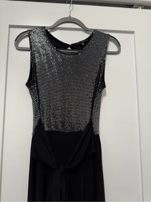 Black Sequin Bodice Evening Capri Jumpsuit with Waist Tie thumbnail 3