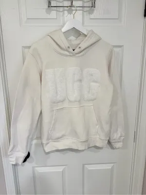 UGG Sherpa Logo Hoodie Cream Ivory Pullover Sweatshirt Cozy Fleece Casual Medium thumbnail 7