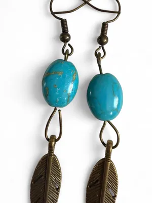 Handmade Turquoise Oval Bead Feather Earrings Western Boho thumbnail 5