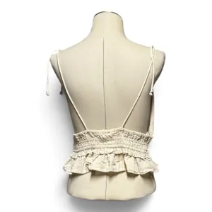 Sim & Sam Cotton Linen Cropped Smocked Top V-Neck Natural Oatmeal Tan Beige XL thumbnail 4