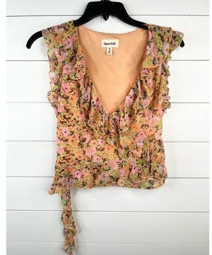 One Edit Nordstrom Floral Ruffle Sleeveless V-Neck Crop Top Blouse Sz XS thumbnail 2