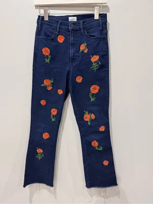 MOTHER The Hustler High-Rise Frayed Ankle Jeans Sz 27 Floral Poppies Embroidered thumbnail 2