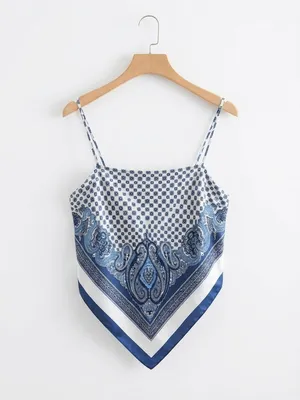 Zara Paisley Scarf Print Tie Back Handkerchief Cami Top Blue White XS-S NWT thumbnail 2