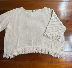 Anthropologie Akemi + Kin Frenchie Cotton Linen Blend Fringe Poncho Sz S 💚🍄 thumbnail 1