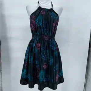 DKNY Jeans Black Fabric Floral Silk Satin Halter Dress Backless Dress Size Large thumbnail 3