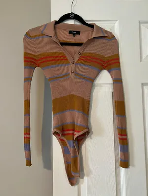 Lulus Bountiful Heart Tan Multi Striped Long Sleeve Bodysuit thumbnail 5