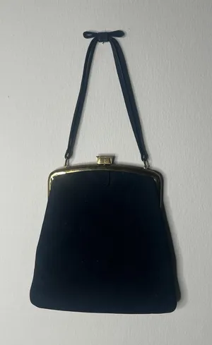Vintage Mayer New York Handbag Purse Navy Suede Gold‎ Trim Bow Handle thumbnail 1