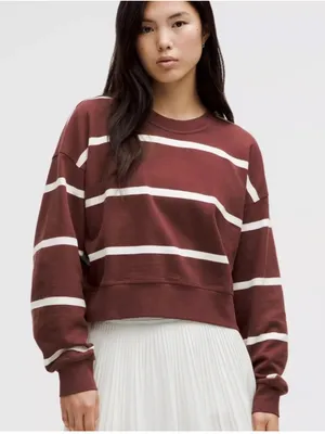 Lululemon Perfectly Oversized Cropped Crew Maroon White Striped Sweatshirt thumbnail 1