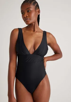 NWT Quince Italian Plunge one piece swimsuit black large thumbnail 1