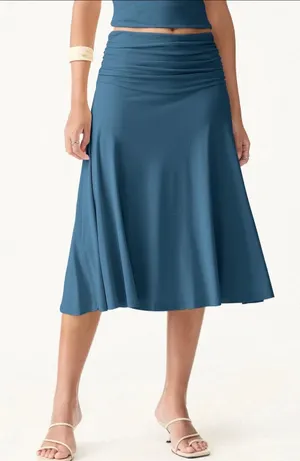 Brand New OGL Women's Size Small Flowy Side Ruched A Line Midi Skirt Teal thumbnail 1