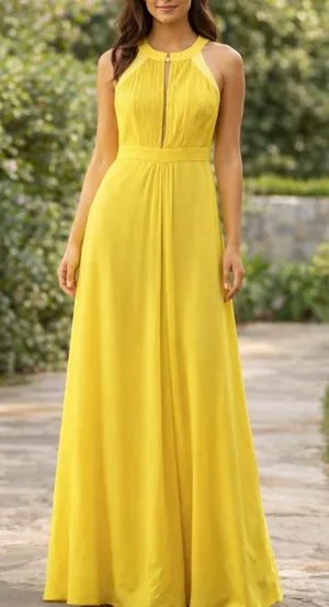 A. Drea Sleeveless Halter Neck Pleated Formal Maxi Dress Gown Yellow Small thumbnail 1