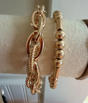 Gold Chunky Link and Beaded Stretch Bracelet Set OS‎ thumbnail 1