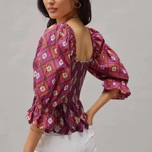 Conditions Apply Smocked Puff Sleeve Top Small Boho‎ Geometric Peplum Peasant thumbnail 2