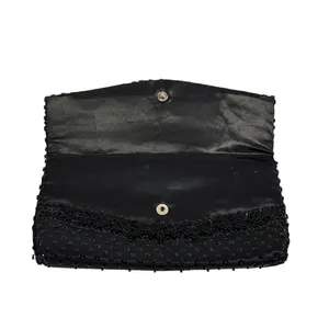 Vtg‎ Black Beaded Satin Evening Clutch Micro Bead Flowers Snap Close Hong Kong thumbnail 7
