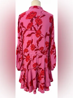 Karlie Pink Red Floral Long Sleeve Mini Dress Medium Boho Tiered Rayon Boutique thumbnail 2