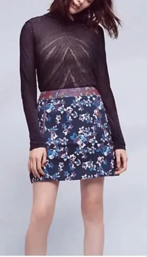 Anthropologie‎ Maeve Cardana Mini Skirt Floral Brocade Blue Purple Size US 4 thumbnail 1