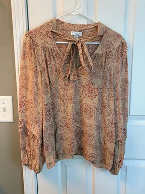 Current Air Floral Tie-Neck Blouse in Tan with Rust Print thumbnail 1