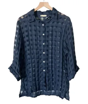 Puro Lino Navy Blue 100% Linen Sheer Check Button Down Shirt Made in Italy Sz M thumbnail 1