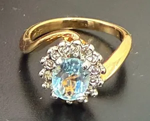 Vintage 18KGE Aquamarine Blue Topaz CZ Ring Size 7 3g. thumbnail 2