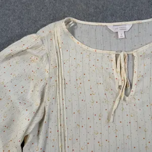 Lauren Conrad LC Size Small Cream Moon Star Pintuck Tie Neck Blouse Top Ruffle thumbnail 5