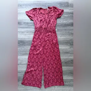 Anthropologie Red Printed Short-Sleeve Wide-Leg Jumpsuit Satin The Somerset thumbnail 2