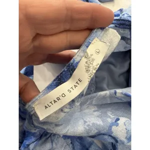 Altar'd State Women's size Large Blue Floral Linen Blend Fit Flare Dress V Neck thumbnail 6