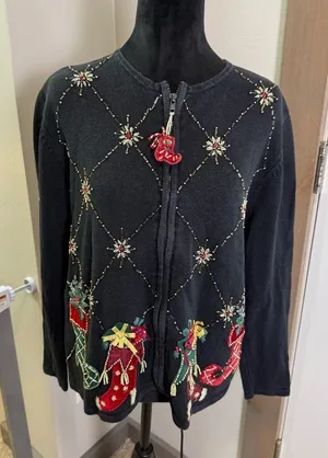 Vintage Tiara Holiday Christmas Zip Up Sweater Cardigan Ugly Sweater Holiday S thumbnail 1