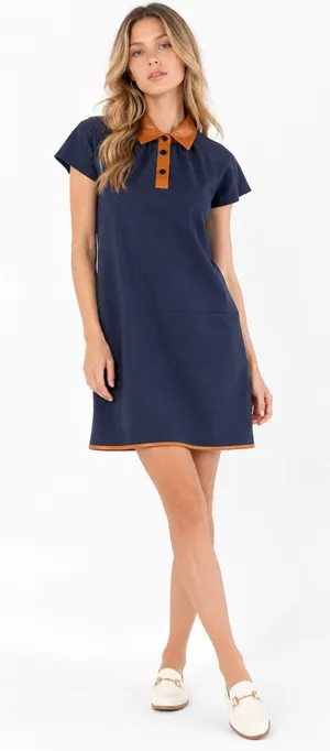 THML Dover Navy Dress Faux Leather Shift Mini Mod Preppy Old Money Dress Size S thumbnail 1