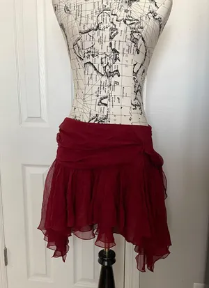 Bebe vintage y2k silk Asymmetrical Ruffle Cheerleader Layer High Low Maroon Chiffon tie belt Women's mini Skirt Size M thumbnail 1
