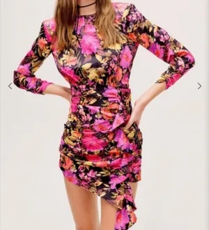 For Love and Lemons Dakota Black Floral Satin Long Sleeves Ruffle Dress Sz XXS‎ thumbnail 1
