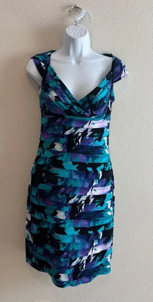 Adrianna Papell‎ Sheath Dress 6 Teal Purple Abstract Shutter Pleat Cocktail thumbnail 1