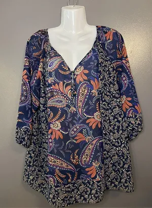 Chaps Shirt Womens Medium Blue Paisley Boho Tunic Top 3/4 Sleeve Lightweight thumbnail 1