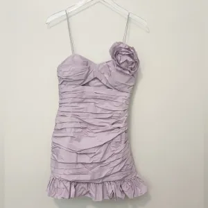 LOVESHACK FANCY Jessilyn Ruched Rosette Ruffle Hem‎ Mini Dress in Lavender XS thumbnail 3