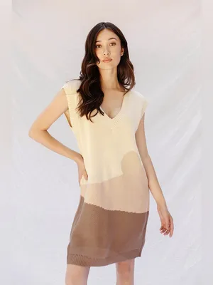 Miss Sparkling Sunset Cream Beige Brown Colorblock V Neck Knit Sweater Mini Dres thumbnail 2