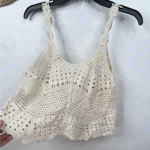Rebellion Again Tank Top Womens XS Ivory Crochet Knit Crop Boho Festival thumbnail 2