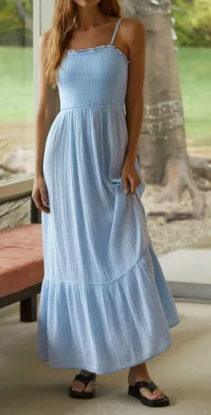 Anthropologie The Marisol Smocked Gauze Maxi Dress Celandine strapless muslin thumbnail 1