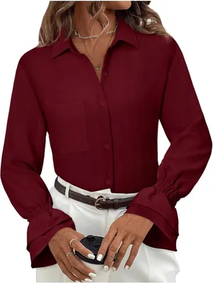 NEW Oversize Button Down Shirt Smocked Boyfriend Long Sleeve Ruffle Blouse L thumbnail 5