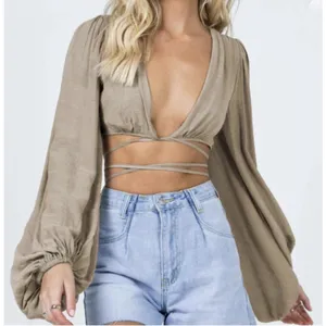Princess Polly Cropped Top Womens 2 Beige knit Long Sleeve Boho Tie Waisted thumbnail 3