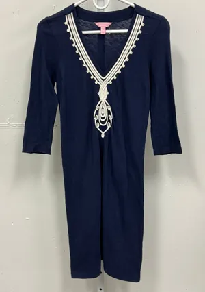 Lilly‎ Pulitzer Tidewater Embroidered Tunic Dress Sm Navy 3/4 Sleeve Mini Jersey thumbnail 1